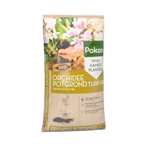 Zak orchideeënpotgrond staat rechtop, toont merk, productnaam en gebruiksdetails tegen een effen groenblauwe achtergrond.
Gevonden tekst (transcriberen):
SINCE 1929
Pokon
MIJN KAMER PLANTEN
BIO
ORCHIDEE POTGROND TURFVRIJ
ORCHID MIX PEAT FREE
100 dagen vo
