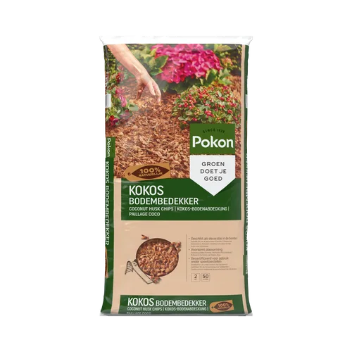Zak met kokosbodembedekker: verpakte kokoschips liggen klaar als mulch rond bloeiende planten in een border.
Gevonden tekst (overgenomen):
- SINCE 1929
- Pokon
- GROEN DOET JE GOED
- 100% NATUURLIJK
- KOKOS BODEMBEDEKKER
- COCONUT HUSK CHIPS | KOKOS-BODE