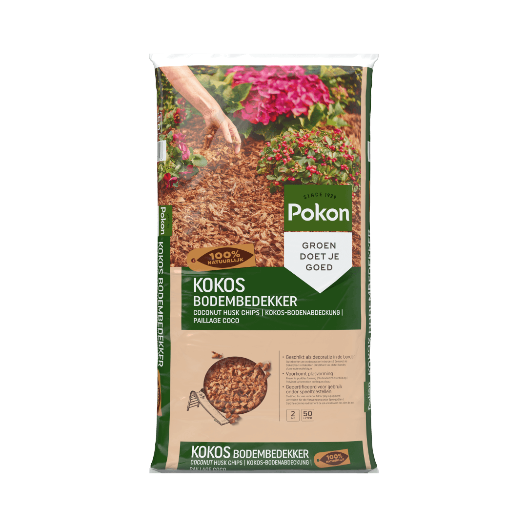 Zak met kokosbodembedekker: verpakte kokoschips liggen klaar als mulch rond bloeiende planten in een border.

Gevonden tekst (overgenomen):
- SINCE 1929
- Pokon
- GROEN DOET JE GOED
- 100% NATUURLIJK
- KOKOS BODEMBEDEKKER
- COCONUT HUSK CHIPS | KOKOS-BODE