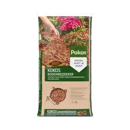 Zak met kokosbodembedekker: verpakte kokoschips liggen klaar als mulch rond bloeiende planten in een border.
Gevonden tekst (overgenomen):
- SINCE 1929
- Pokon
- GROEN DOET JE GOED
- 100% NATUURLIJK
- KOKOS BODEMBEDEKKER
- COCONUT HUSK CHIPS | KOKOS-BODE