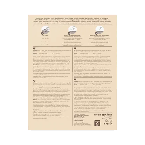 Etiket op achterzijde van een productverpakking — toont instructies en pictogrammen voor gazonverzorging, plus uitgebreide meertalige gebruiks- en veiligheidsinformatie.
Volledige tekst op etiket (transcriptie):
Groen doet wat met je. Zelfs een klein be