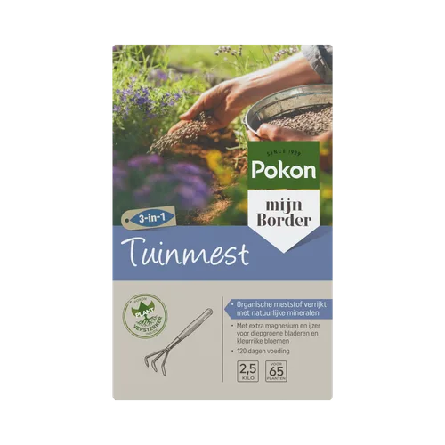 Zak tuinaarde "Tuinmest" — een persoon strooit korrels met handen uit een metalen bak naast bloeiende kruiden en bloemen in een zonnige tuinborder.
Getranscribeerde tekst:
- SINCE 1929
- Pokon
- mijn Border
- 3-in-1
- Tuinmest
- Organische meststof verri