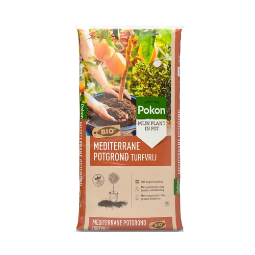 Een zak potgrond toont handen die aarde rond een jong boompje scheppen, tegen een zonnige mediterrane tuin met citrusvruchten.
Gevonden tekst (transcriptie):
SINCE 1929
Pokon
MIJN PLANT IN POT
BIO
MEDITERRANE POTGROND TURFVRIJ
100 dagen voeding
Met puims