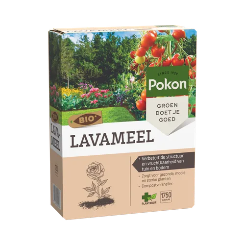 Verpakking lavameel toont een doos met merklogo en tuinbeeld: rijpe tomaten en bloembed, als tuingebruikspakket tegen een neutrale achtergrond.
Gevonden tekst:
SINCE 1929
Pokon
GROEN DOET JE GOED
BIO
LAVAMEEL
Verbetert de structuur en vruchtbaarheid van