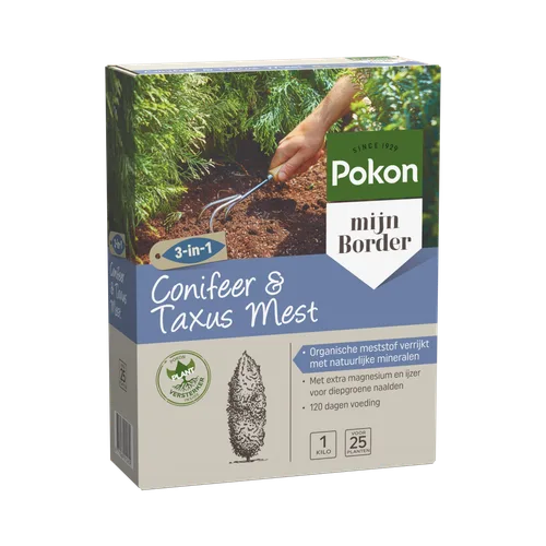 Doos met meststof toont hand die met een kleine hark de aarde harkt, gelegd tussen groene coniferen en taxus in een border.
Gevonden tekst:
SINCE 1929
Pokon
mijn Border
3-in-1
Conifeer & Taxus Mest
POKON PLANT VERSTERKER
Organische meststof verrijkt met