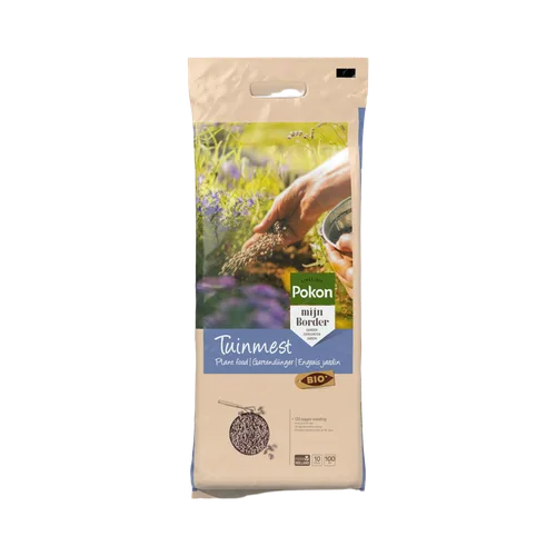 Een zak Pokon tuinaarde (object) met een hand die korrels strooit (actie) boven een groene border met paarse bloemen (context).
Tekst: "Since 1929 Pokon mijn Border Tuinmest Plant food | Gartendünger | Engrais jardin BIO 120 dagen voeding"