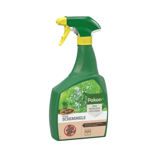 Een groen sprayflesje met gele sproeikop dat vloeistof verstuift, los geplaatst op een effen achtergrond.
Tekst op etiket: SINCE 1929 Pokon MIJN PROBLEEM OPLOSSER BIO TEGEN SCHIMMELS Spuitzwavel voor bestrijding van echte meeldauw 800 ML