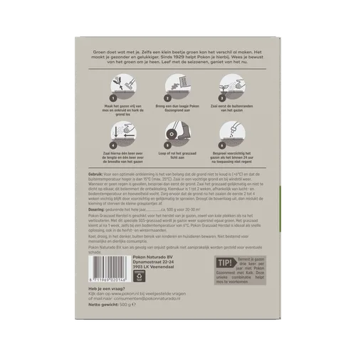 Verpakking van graszaad (object) toont zes geïllustreerde zaai-stappen (actie) tegen een beige achtergrond met gebruiksinstructies, dosering, tips, bedrijfsadres en barcode (context).
Volledige tekst in de afbeelding:
Groen doet wat met je. Zelfs een kle